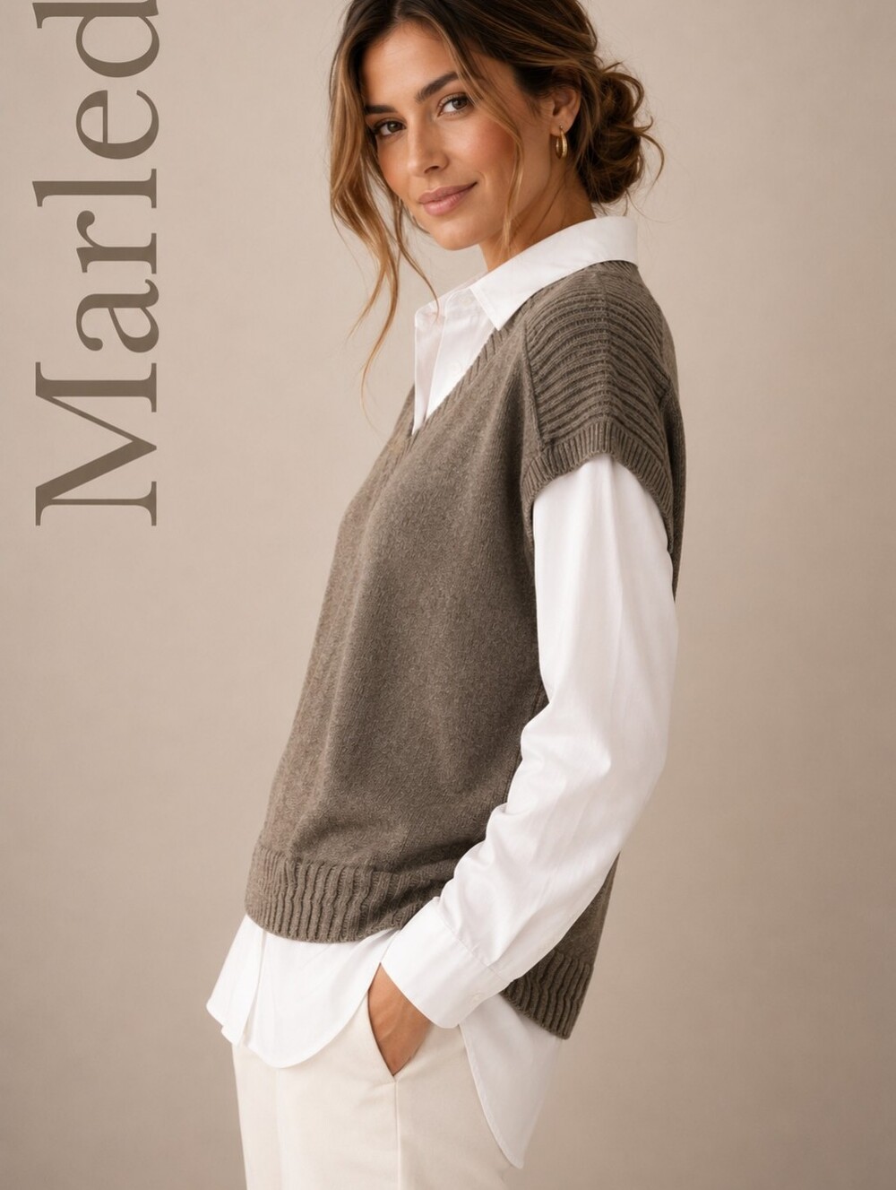 Womans Marled Brown V-Neck Knit Sweater Vest - Picture 4 of 6